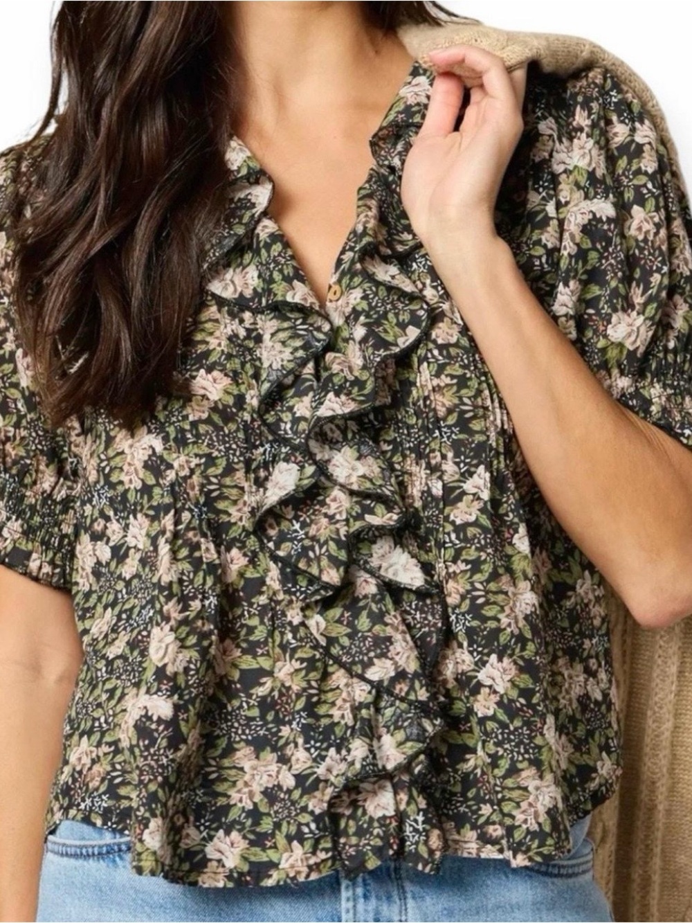 Natural Life size XL Ruffled Floral Short-Sleeve Blouse - Black Floral